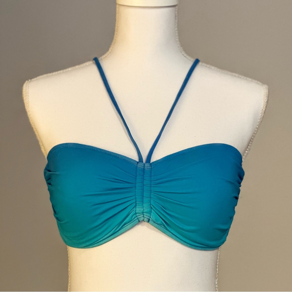Blue ombré bandeau bikini top with tasseled straps